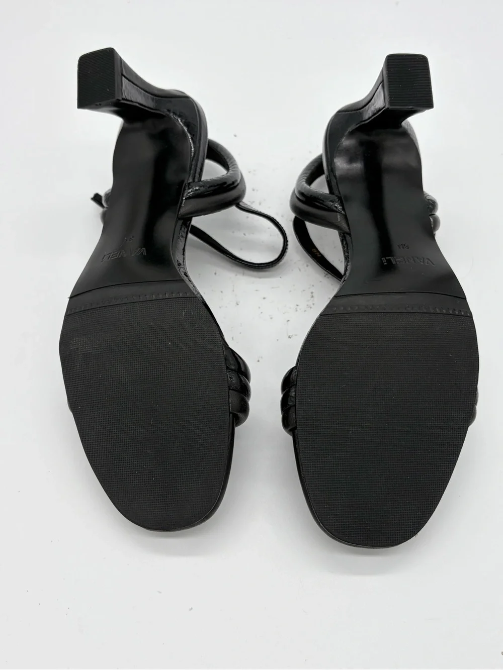 Vaneli Black Twisted Strap Mid-Heel Sandals